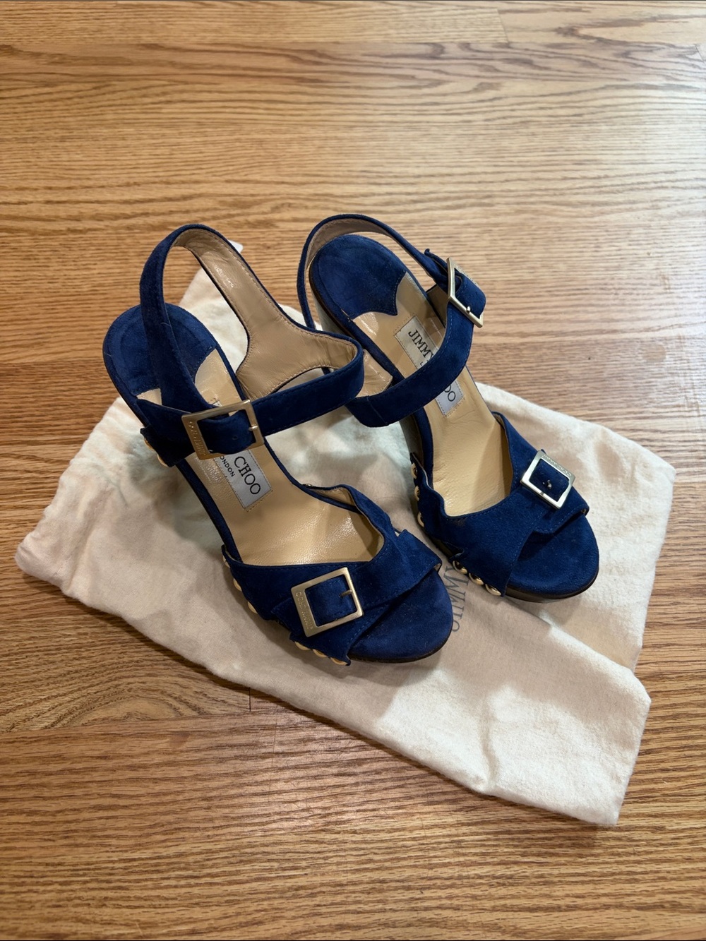 Jimmy Choo Navy Suede Double-Buckle Slingback Heels